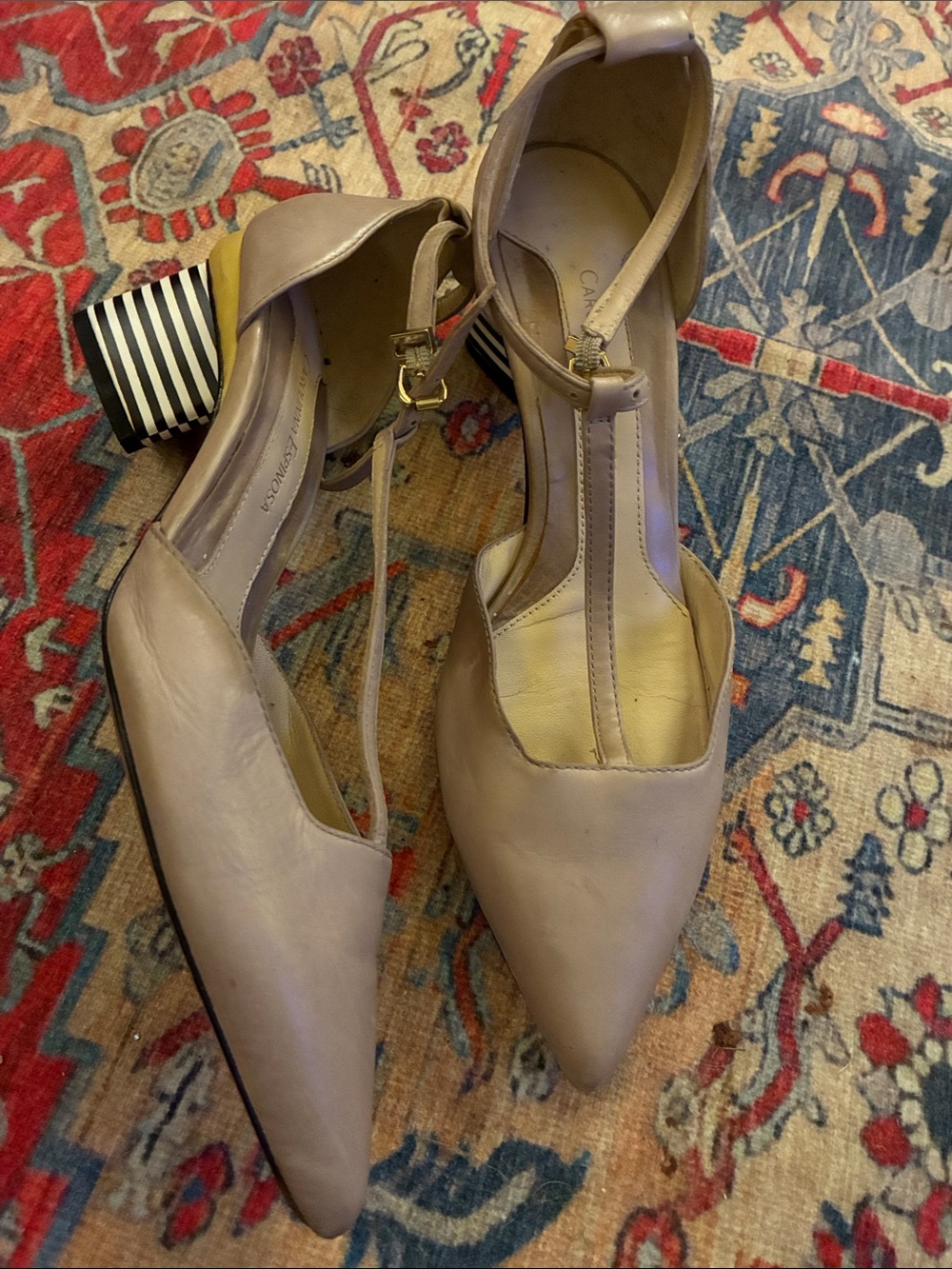 Carolinna Espinoza Pointed T-Strap Block Heels 2010s Light Taupe w striped heel